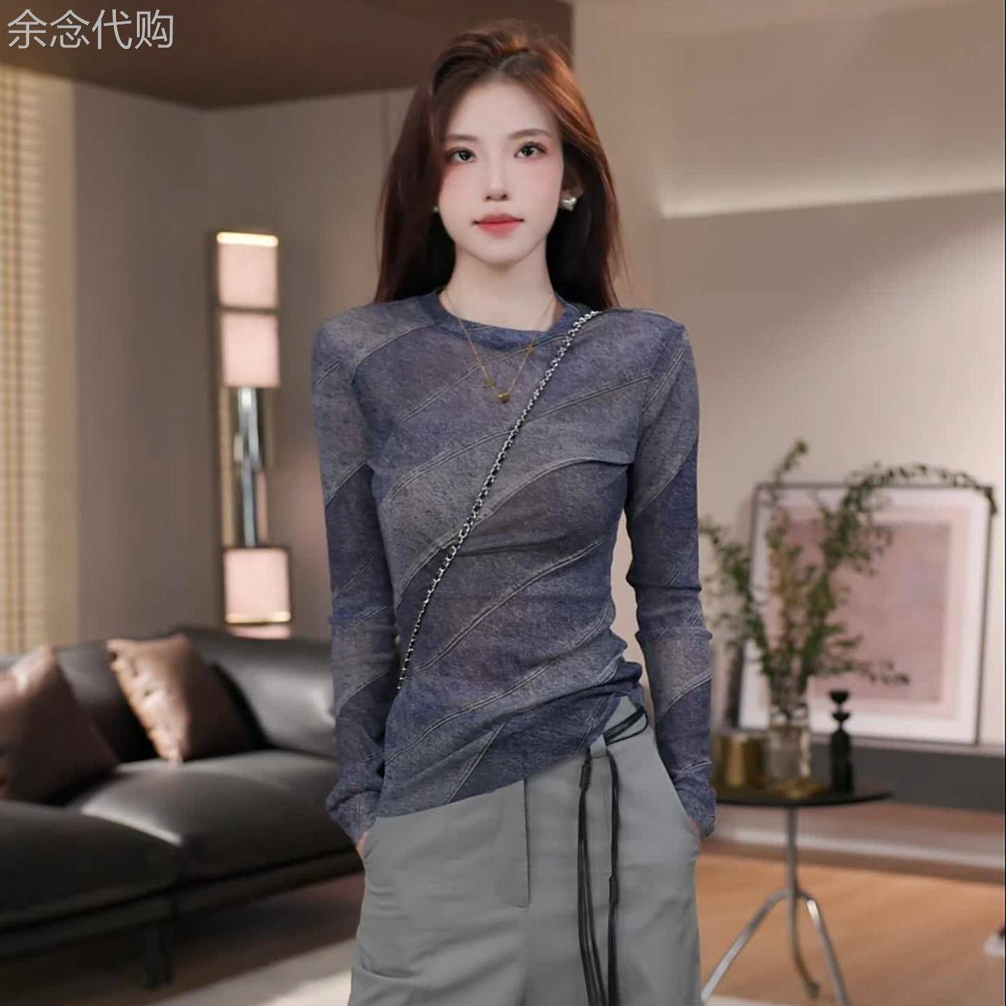 不规则抽绳防晒长袖T恤女秋季薄款2026新款洋气设计感拼接上衣女