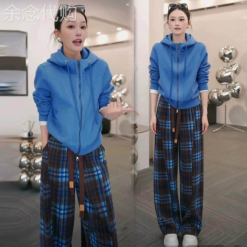 香港代购时尚休闲套装女秋季新款连帽外套格子阔腿裤运动服两件套