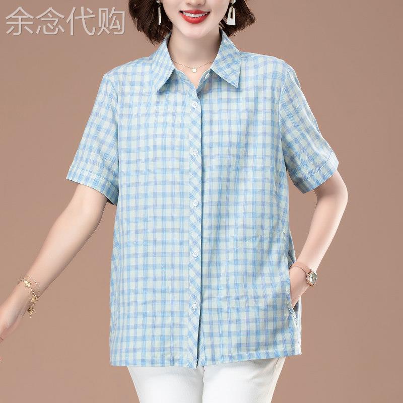 中年妈妈纯棉格子短袖衬衫女夏装薄款宽松大码高端全棉衬衣上衣