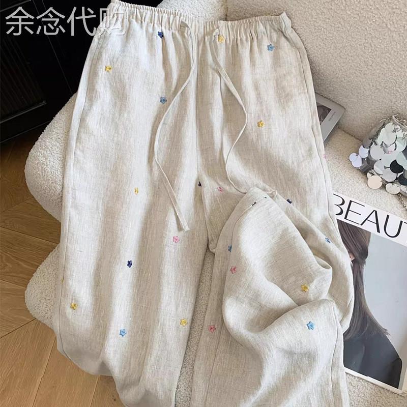 老钱风高腰刺绣休闲裤女2026夏季新款小个子大尺码胖mm垂感阔腿裤