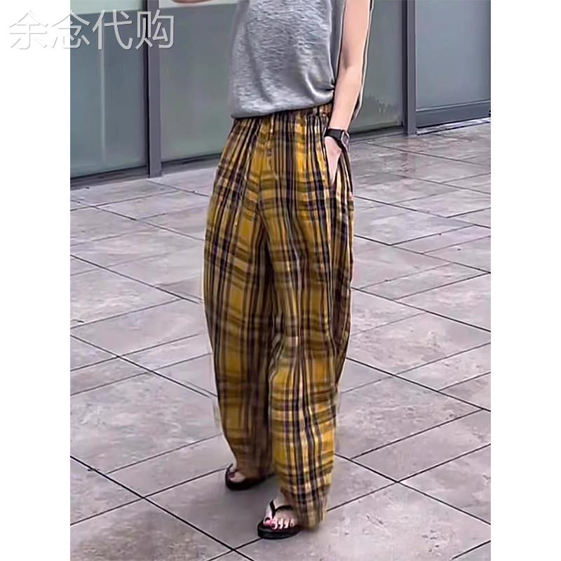 黄色高腰格子阔腿裤女夏季欧货宽松显瘦直筒休闲裤慵懒风大码裤子