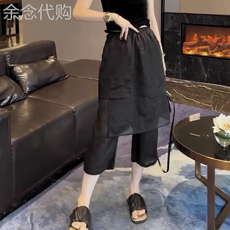 梨形身材穿搭女装早秋欧货爆款八分假两件雪纺休闲裤子女拼接裤裙