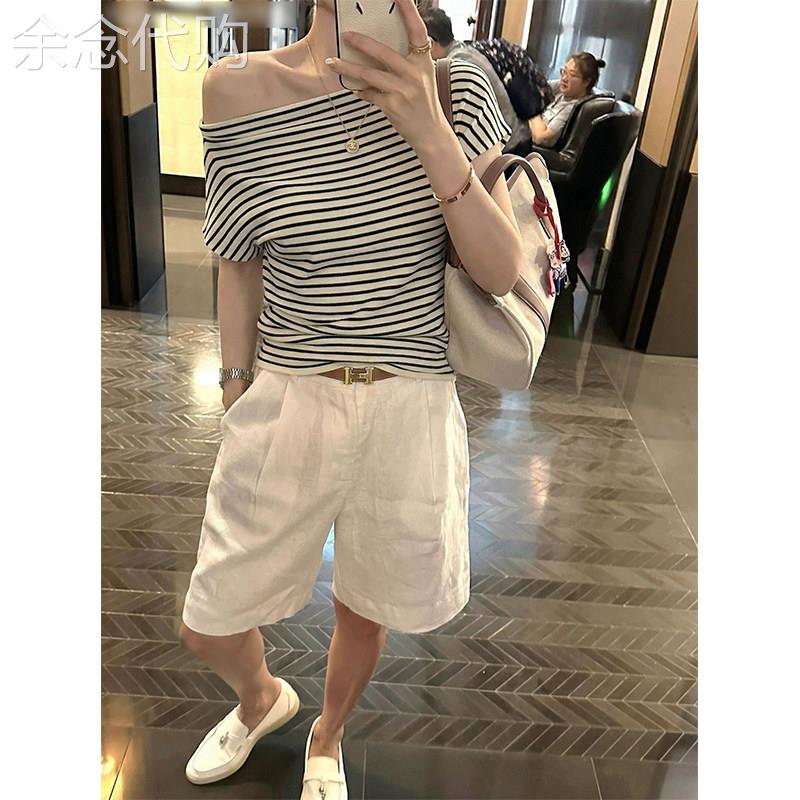 黑白条纹斜肩短袖T恤女夏季欧货休闲风一字肩设计感显瘦露肩上衣