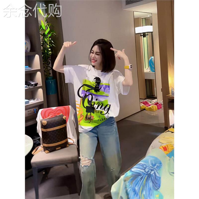 韩国百搭潮酷设计感印花白色T恤女夏季女装美式新款显瘦休闲上衣