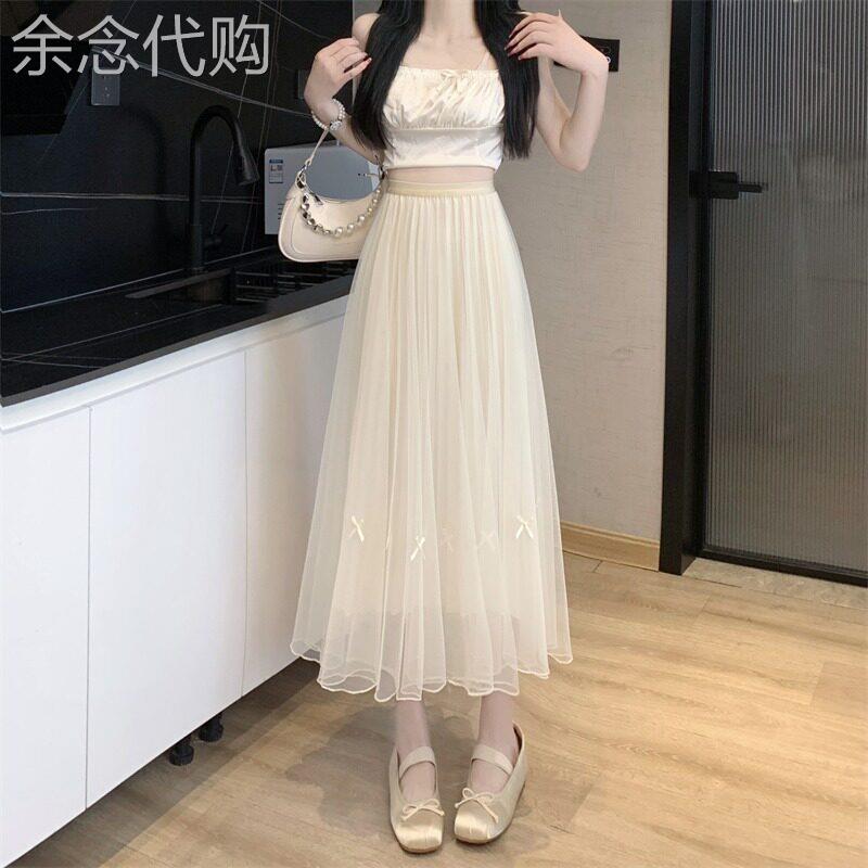高腰a字网纱半身裙女夏季2026新款宽松显瘦包臀大摆裙百褶中长裙