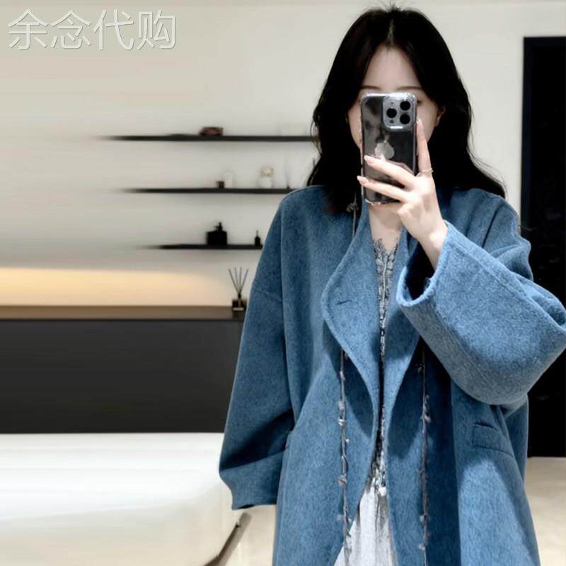 蓝色双面羊毛呢子大衣女25冬小个子高级感短款独特超好看毛呢外套
