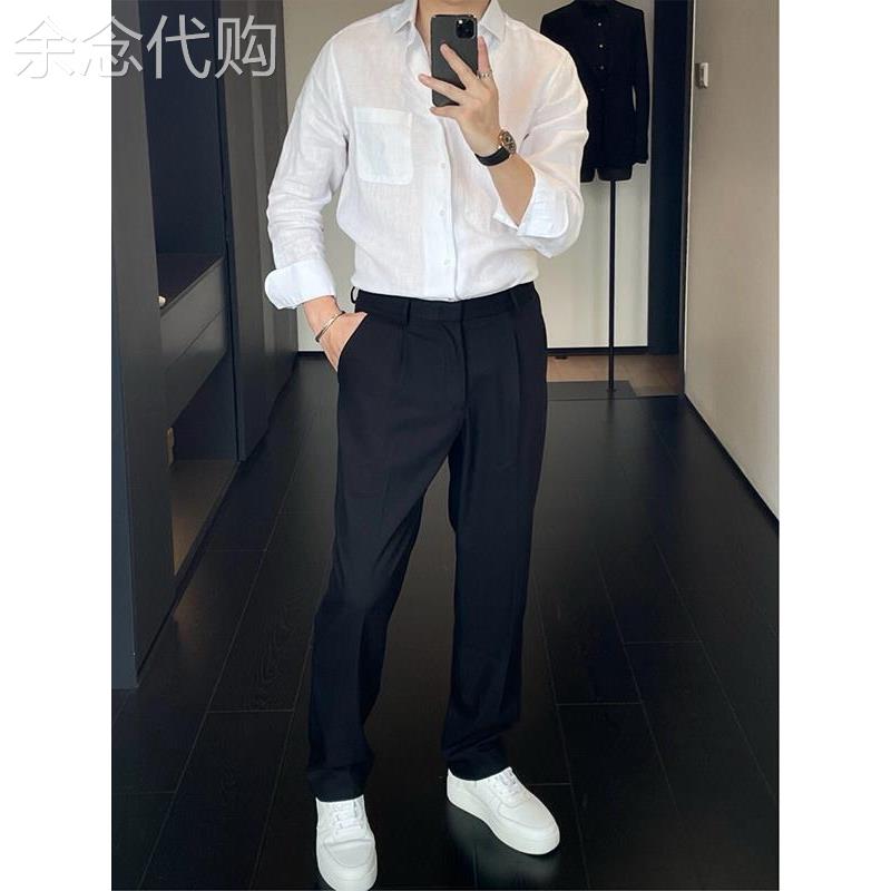 潮牌高级感垂坠感轻熟黑色休闲西裤男士直筒窄版阔腿长西装裤潮流