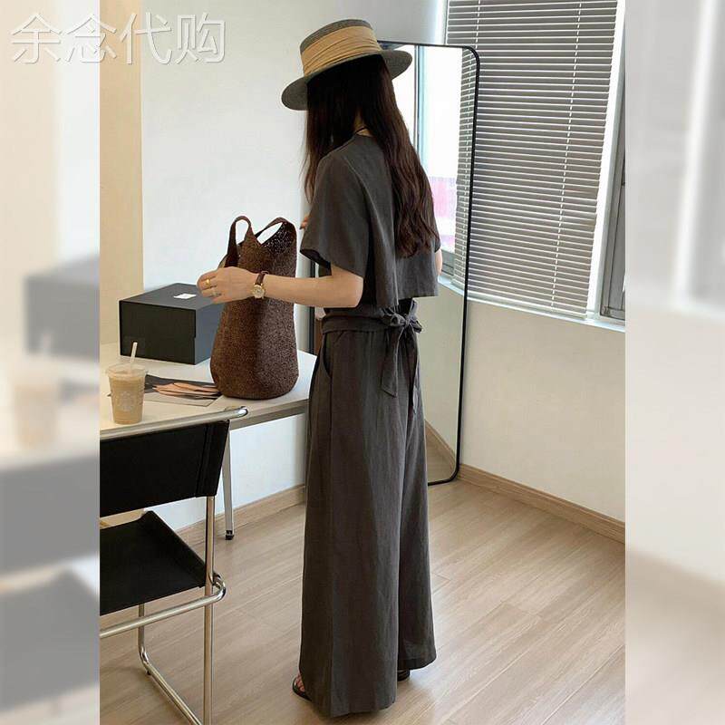 大码灰色高级感休闲时尚套装女气质时髦亚麻上衣阔腿裤两件套夏装