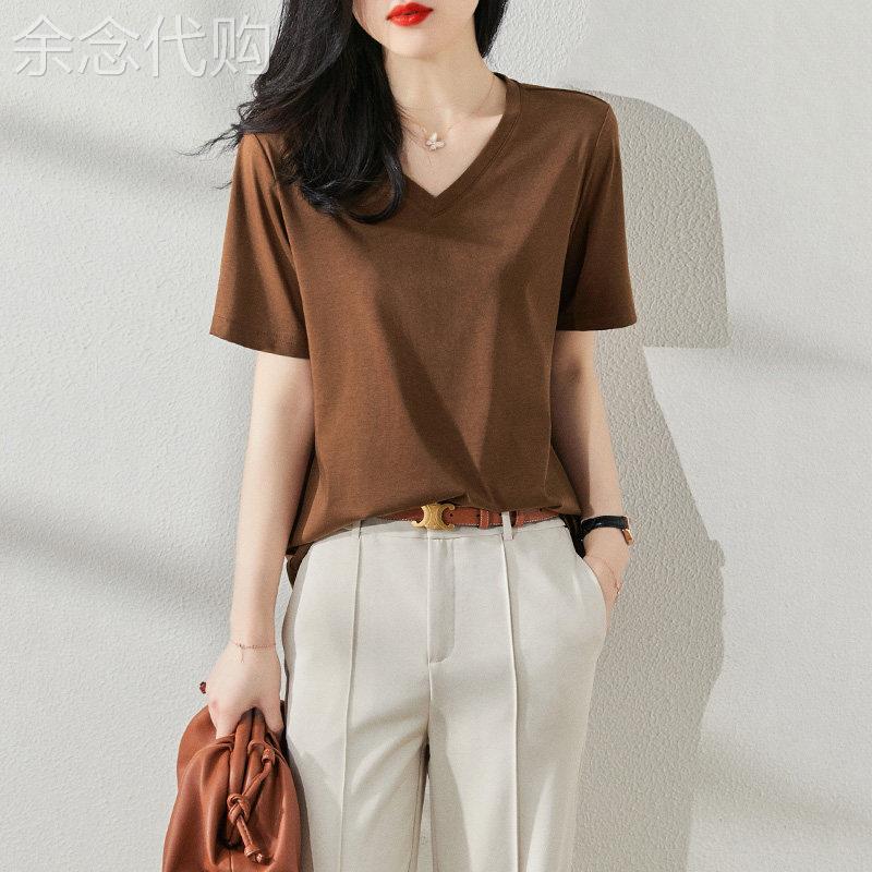 潮牌亮光铜氨丝免烫V领直筒打底短袖T恤女2026夏季薄款气质上衣服