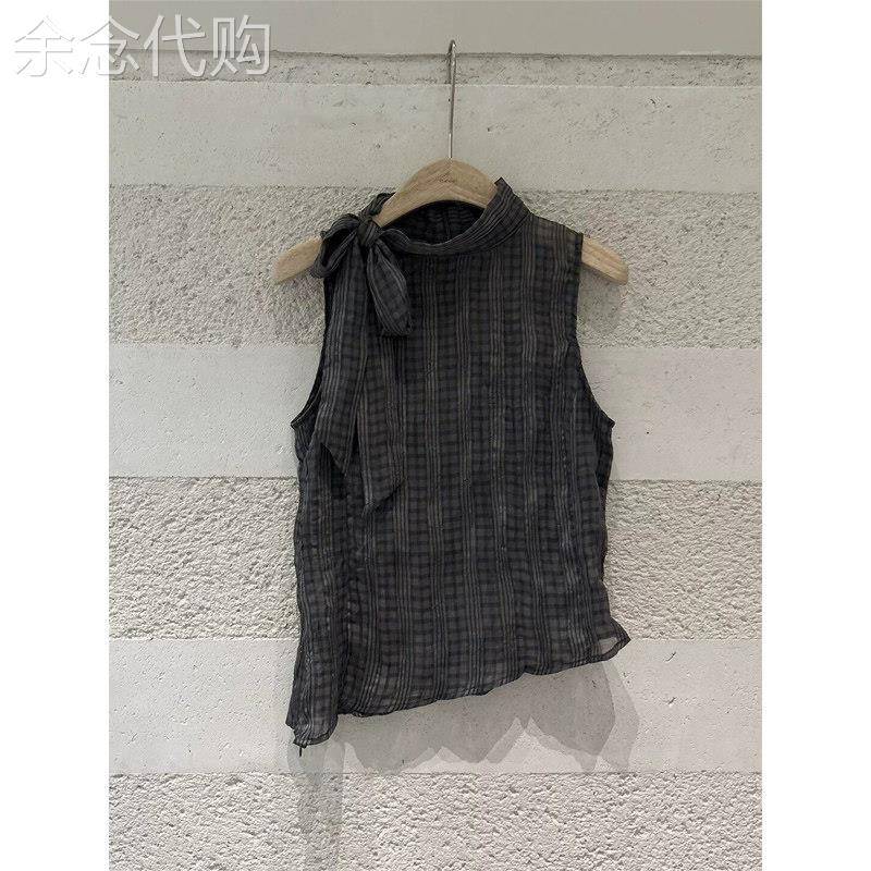 灰色格子蝴蝶结圆领吊带背心女2026夏季新款修身显瘦薄款无袖上衣