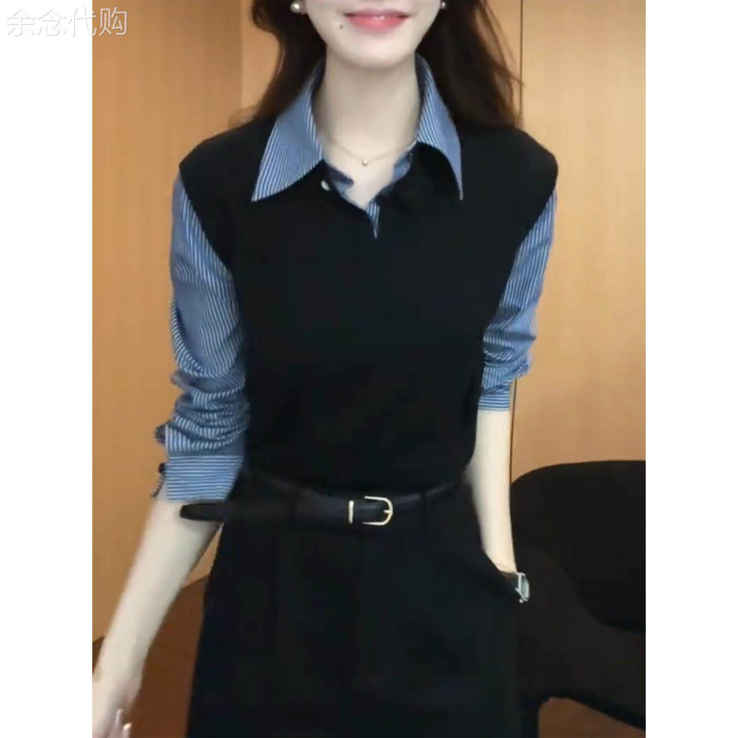欧货假两件针织翻领背心女秋冬款修身气质高级感时尚洋气黑色上衣