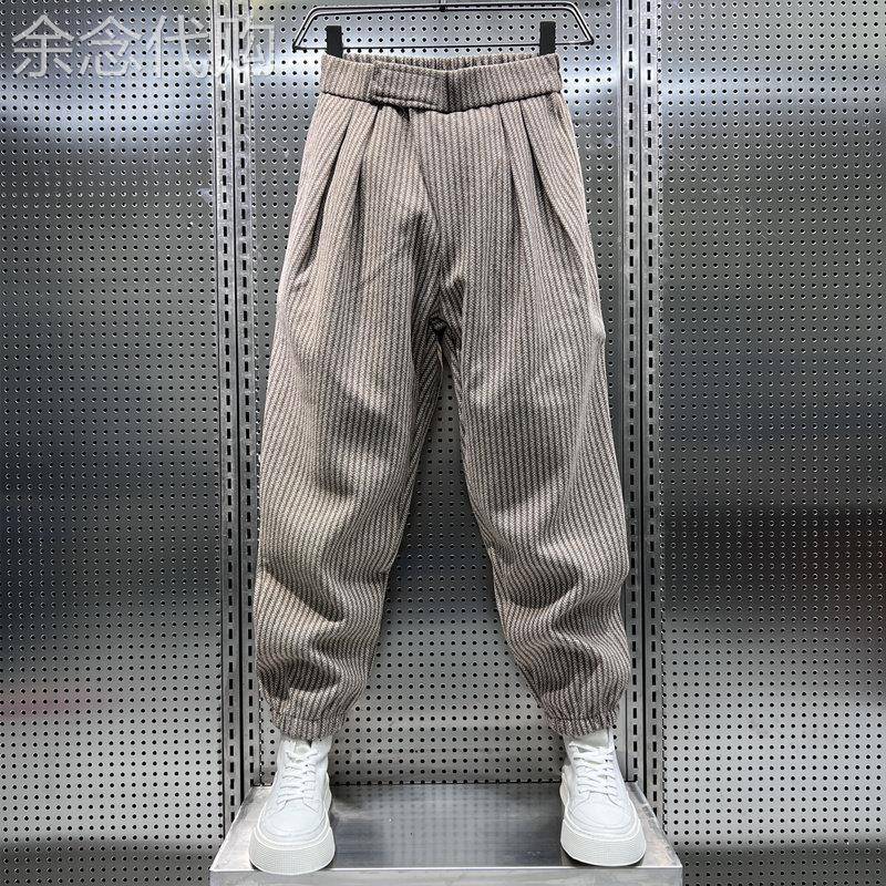 代购条纹休闲裤男春秋潮牌束脚九分裤网红青年宽松魔术贴哈伦裤