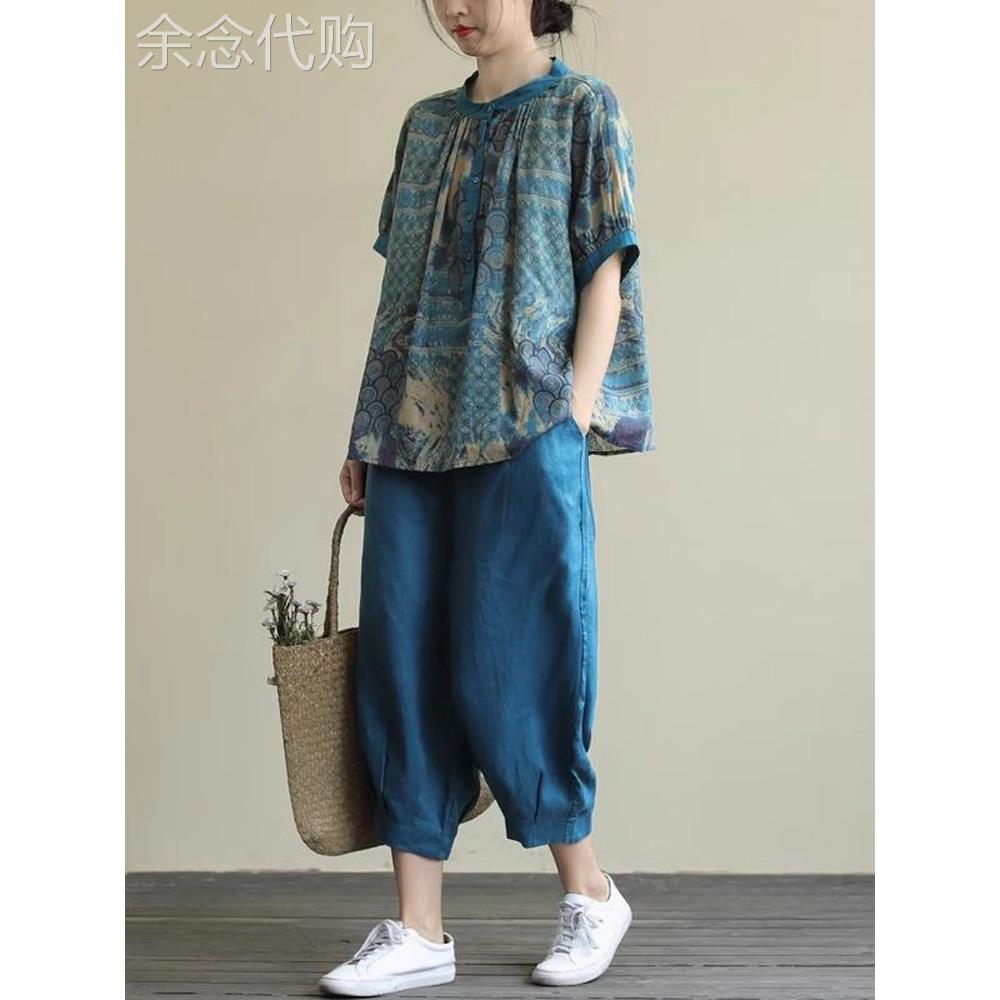 中年妈妈夏装套装中老年棉麻短袖t恤上衣夏款裤子两件套洋气女装