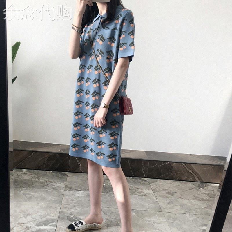 针织连衣裙女夏欧货品牌雾霾蓝樱桃T恤裙polo翻领运动休闲a字长裙