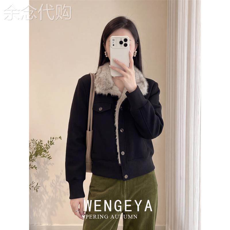 韩版气质立领毛外套女2026年冬季新款加厚黑色设计感拼接夹克时尚