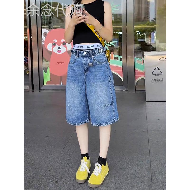 蓝色牛仔短裤女夏季新款高腰宽松大码胖mm遮胯显瘦中裤阔腿五分裤