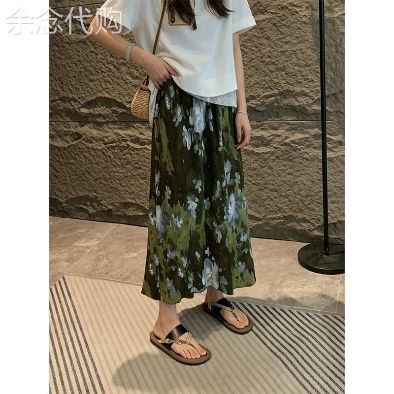绿色复古扎染碎花A字半身裙女夏季欧货高腰显瘦遮胯温柔风中长裙