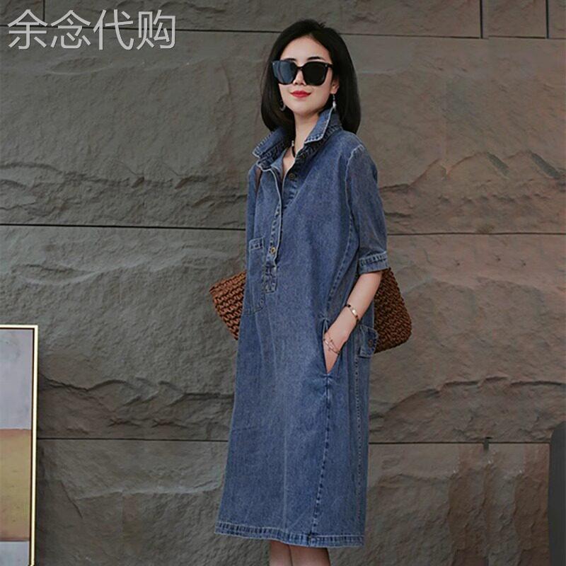 翻领短袖牛仔连衣裙女夏季新款时尚休闲宽松大码女士POLO领中长裙