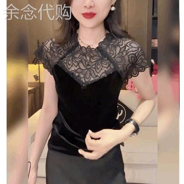 性感黑色镂空蕾丝拼丝绒短袖T恤女2026夏季新款欧货修身显瘦上衣