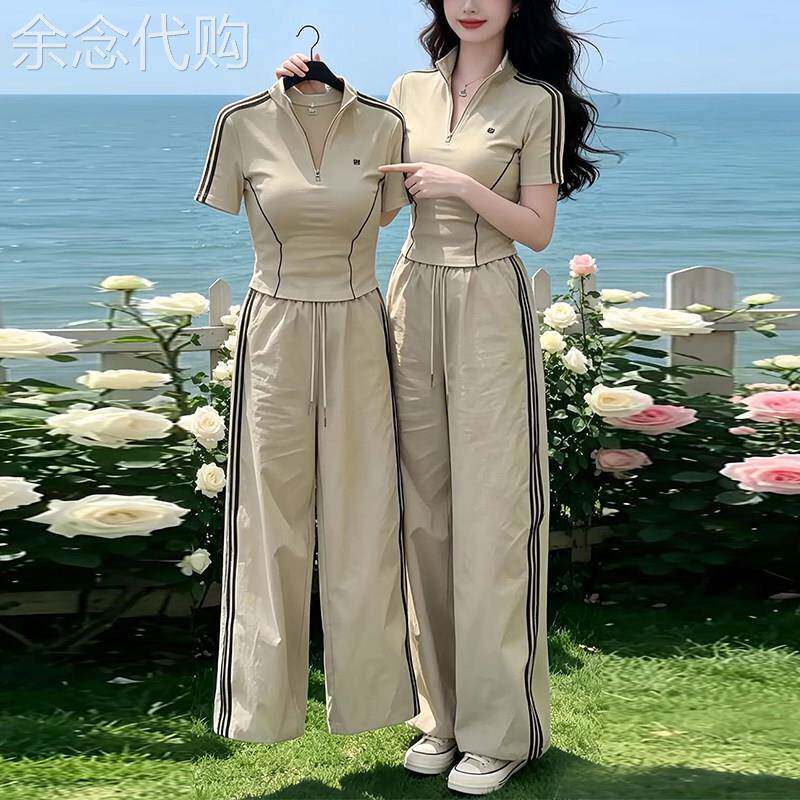 欧洲站时尚休闲套装女新款2026夏季修身短袖T恤阔腿裤运动两件套
