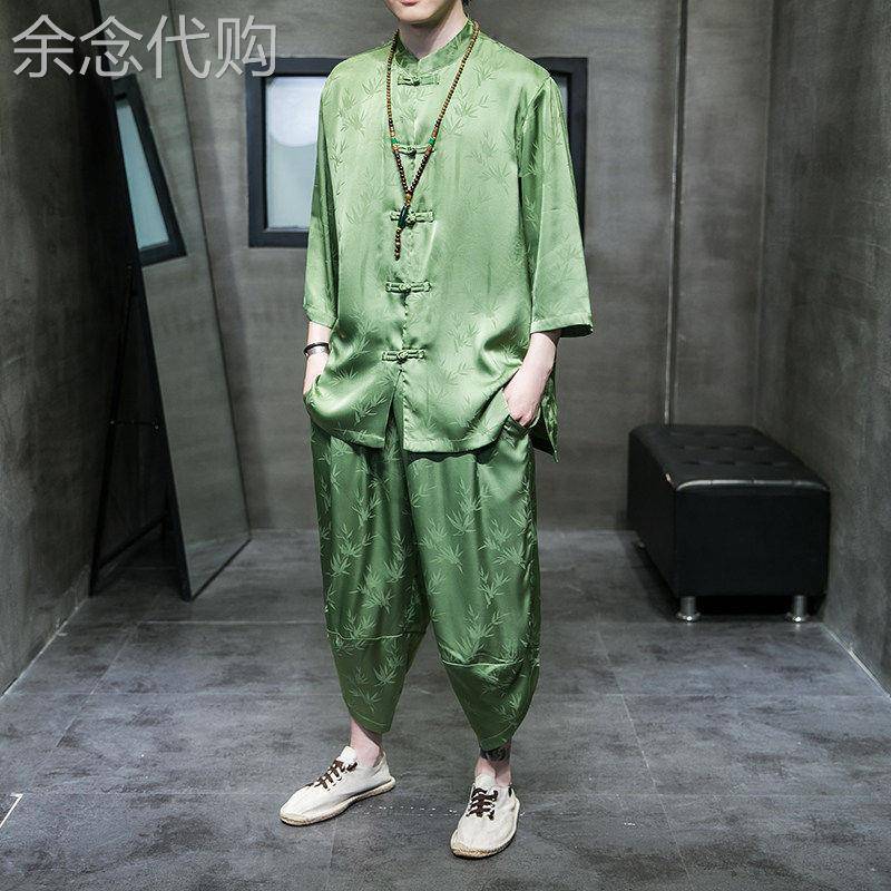 冰丝短袖套装男士中国风汉服夏季宽松大尺码上衣新中式盘扣两件套