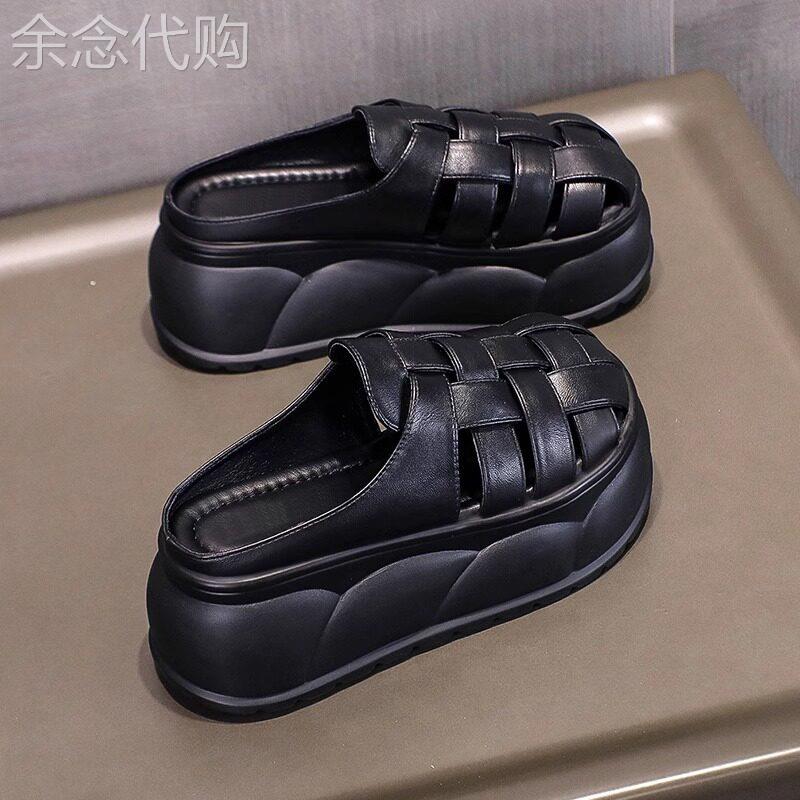香港真皮包头半拖鞋女外穿2025新款夏季镂空编织厚底内增高凉拖鞋