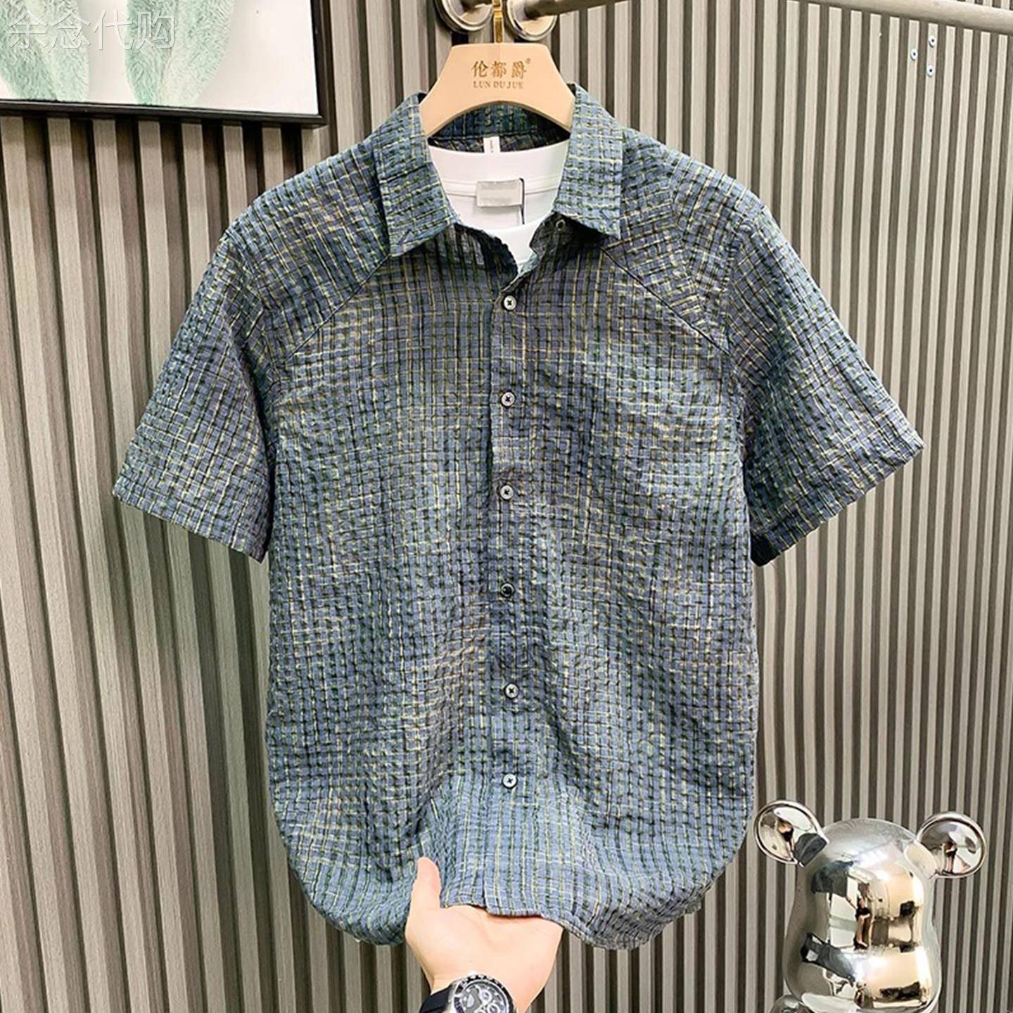 轻奢复古格子短袖衬衫男士夏季薄款舒适百搭文艺新款休闲宽松衬衣