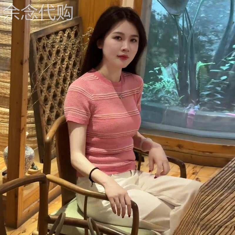粉色条纹短袖T恤女夏季2026新款设计感小众减龄修身显瘦短款上衣