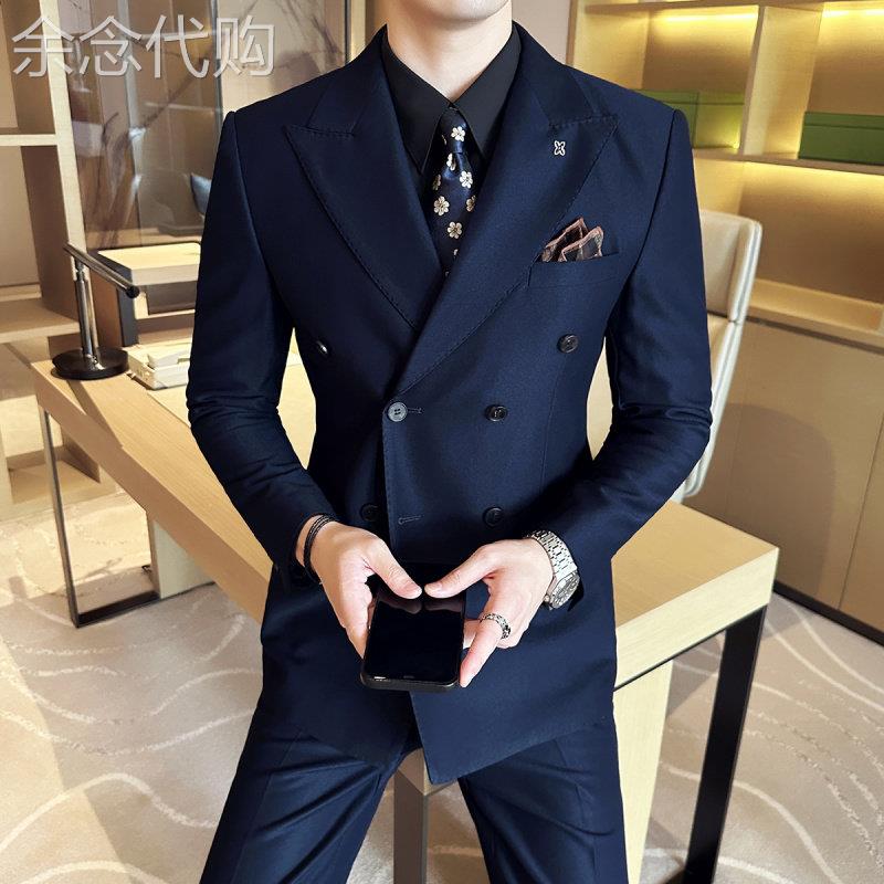 双排扣西服套装男士春秋季潮牌痞帅休闲高级感小西装新郎结婚礼服