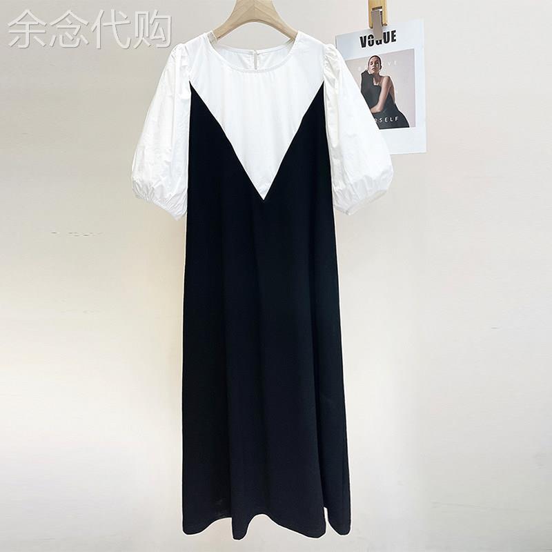韩国假两件黑白针织拼接连衣裙女夏季法式泡泡袖高级感茶歇长裙子