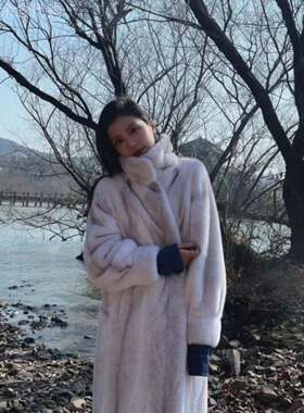 欧洲站冬季贵气水貂绒皮草一体立领外套女加厚过膝保暖毛绒绒大衣