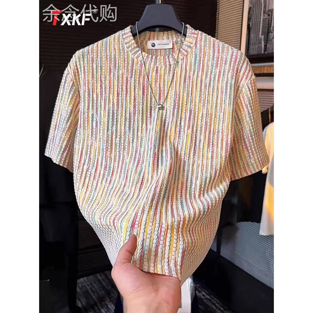 彩虹泡泡纱短袖t恤男士2026新款夏季提花透气圆领半袖上衣服男款