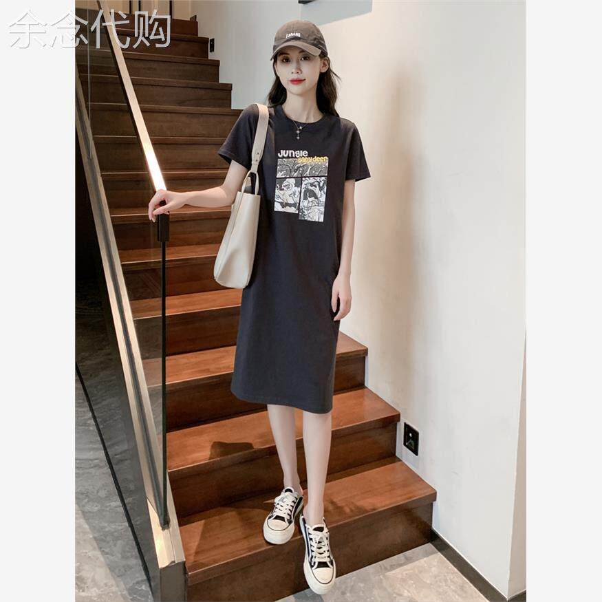 韩国黑色T恤洋装2026夏季新款女高级感休闲宽松中长版短袖裙子