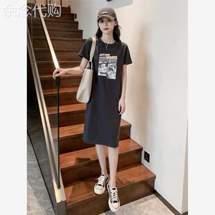 韩国黑色T恤洋装2026夏季新款女高级感休闲宽松中长版短袖裙子