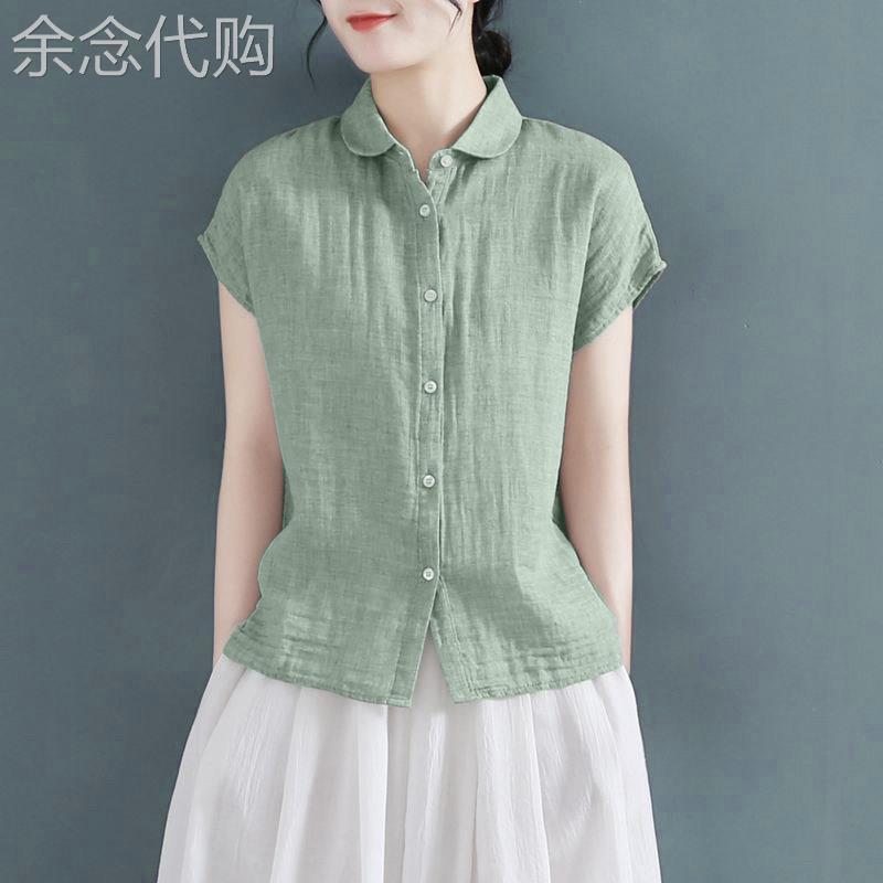 棉麻衬衫女短袖夏季薄款2026新款宽松设计感小众女士衬衣纯色上衣