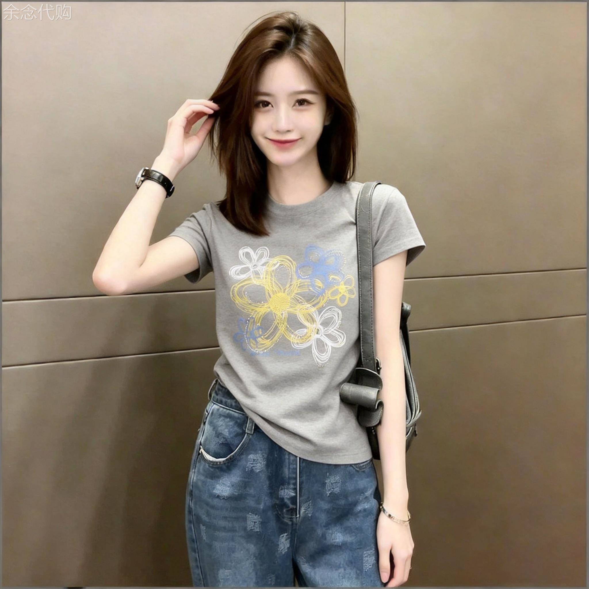 2026夏季新款花朵T恤女薄款透气正肩显瘦百搭棉t休闲舒适短袖上衣
