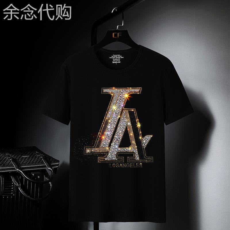 欧洲站烫钻t恤男社会小伙ins潮流时尚短袖潮牌帅气大码丝光棉半袖