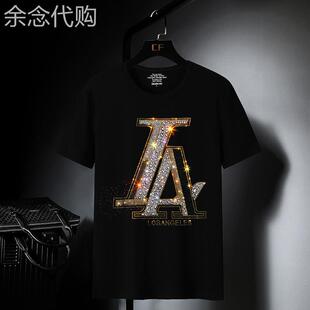 欧洲站烫钻t恤男社会小伙ins潮流时尚短袖潮牌帅气大码丝光棉半袖