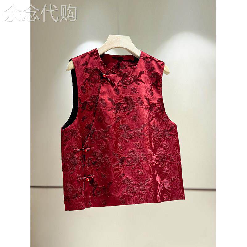 新年红色马甲背心女红色新中式国风2026春季新款圆领斜襟叠穿坎肩