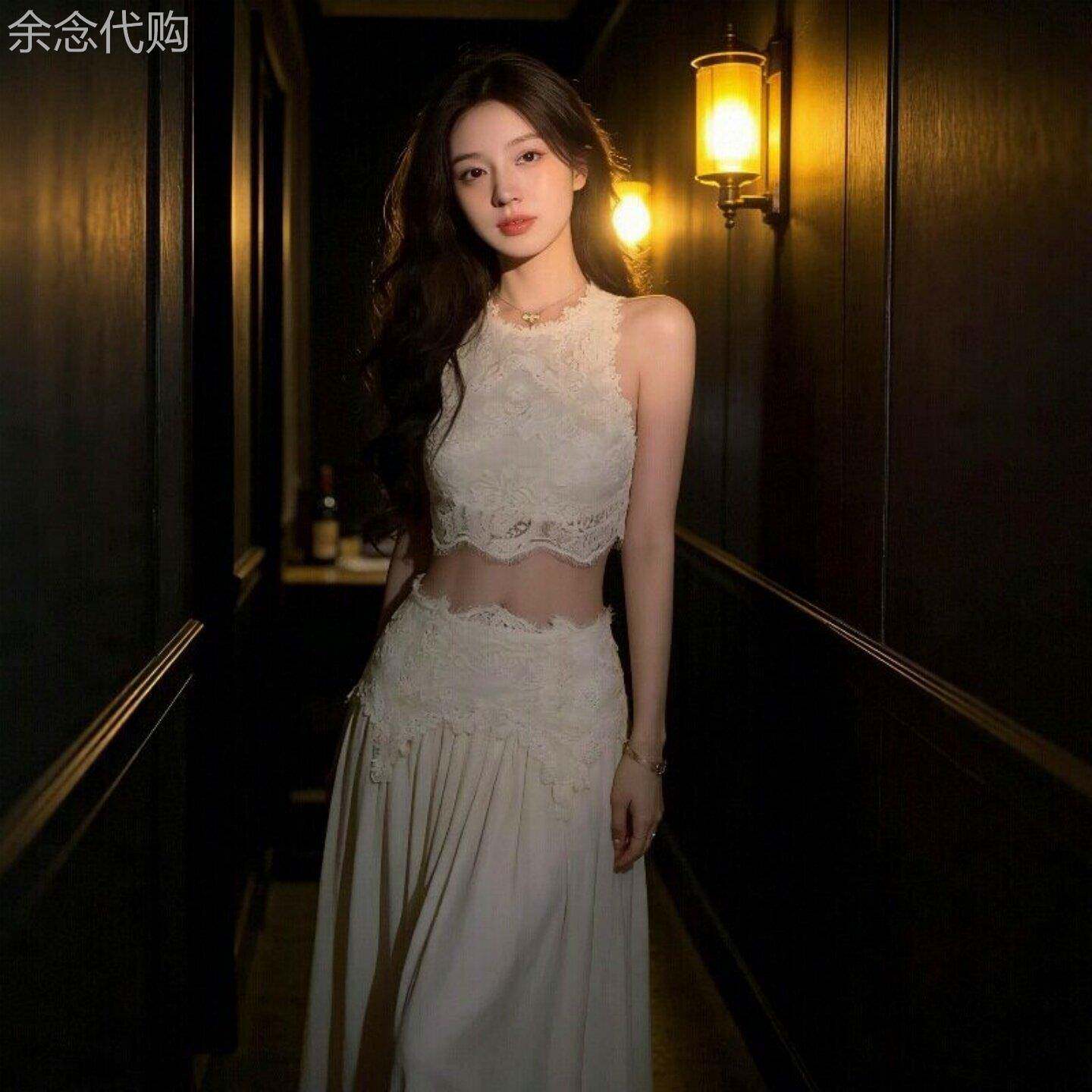 小香风套装女夏新款法式海边度假风短款无袖蕾丝上衣半身裙两件套