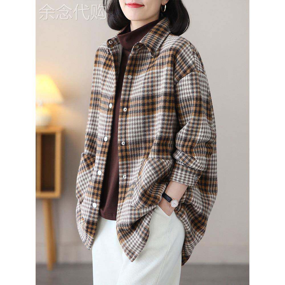 文艺加绒加厚外套女秋冬季2025新款格子衬衫宽松大码休闲保暖上衣