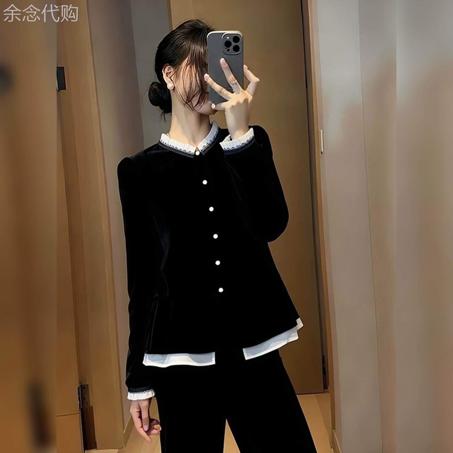 法式优雅名媛木耳边丝绒衬衫女2026春季新款洋派显瘦黑色衬衫上衣