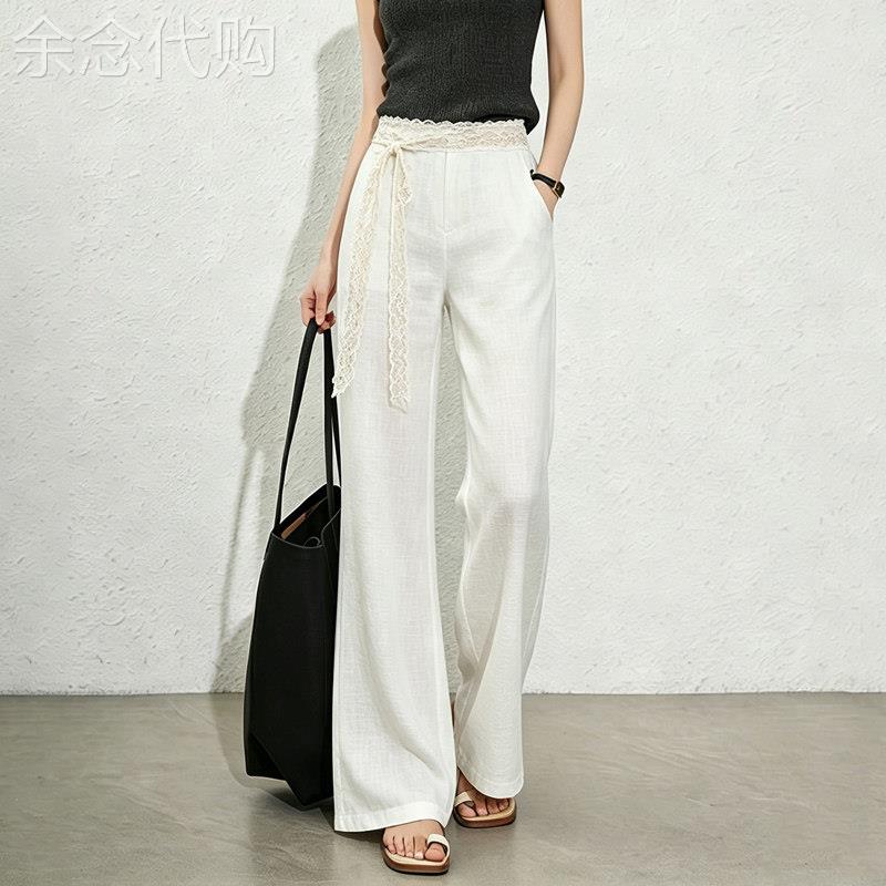 白色亚麻微喇裤女2026夏季新款蕾丝拼接气质轻熟风时髦通勤休闲裤