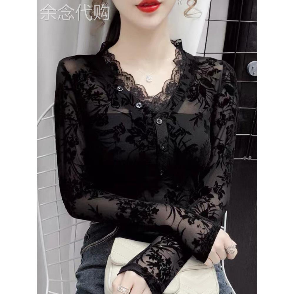 洋气性感网纱修身黑色V领打底衫女春季欧货蕾丝长袖衬衫内搭上衣