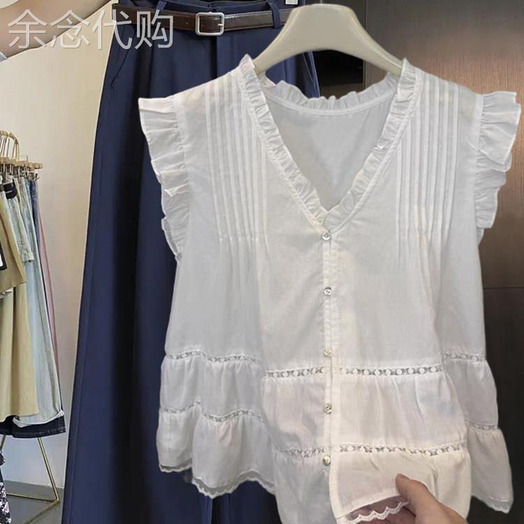白色衬衫女夏薄款2026新款高级感轻奢减龄洋气飞飞袖压褶无袖上衣