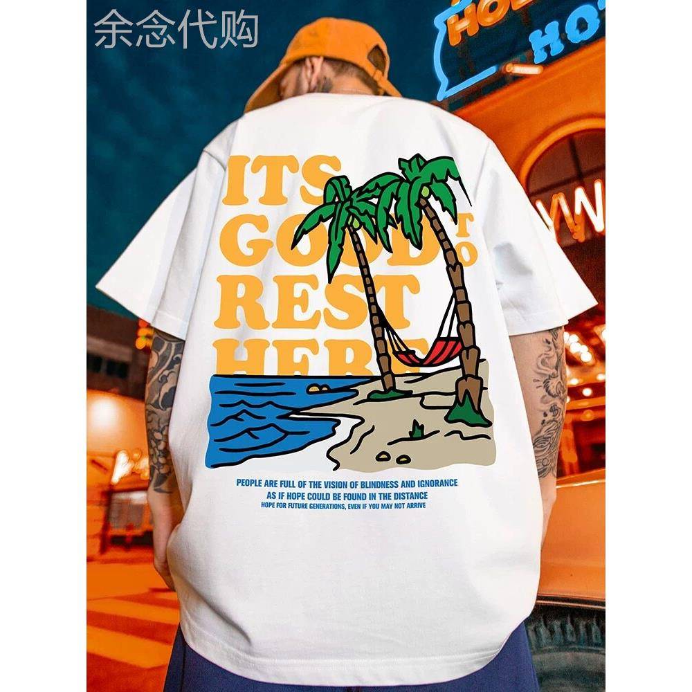 香港潮牌欧美街头情侣装夏日度假风短袖男大码加肥加大纯棉t恤男