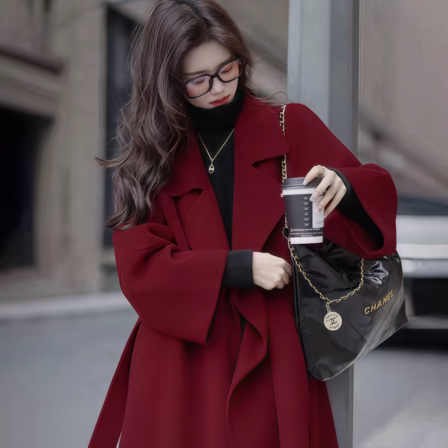 酒红色毛呢外套女中长款2026秋冬新款韩版羊毛双面呢大衣女高级感