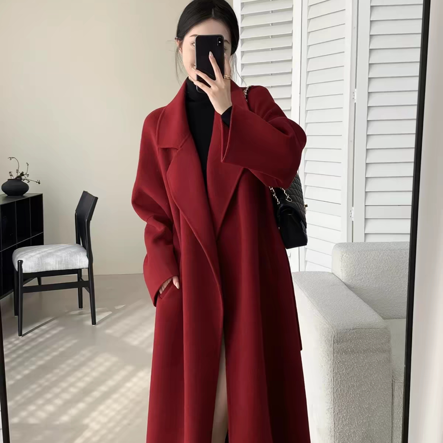 红色羊毛双面呢大衣女中长款2026秋冬新款韩版系带西装领毛呢外套