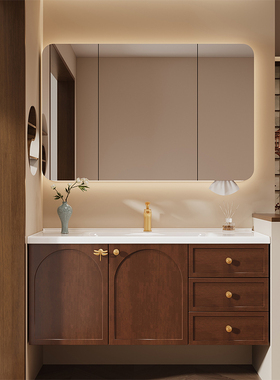 中古风橡木烤漆浴室柜组合卫生间陶瓷一体盆洗手池洗脸盆洗漱台