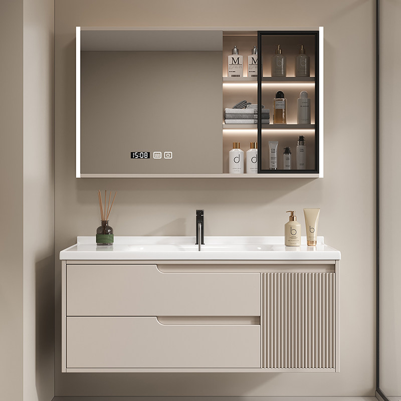 奶油风浴室柜组合现代简约卫生间陶瓷一体盆洗漱台洗手脸智能套装
